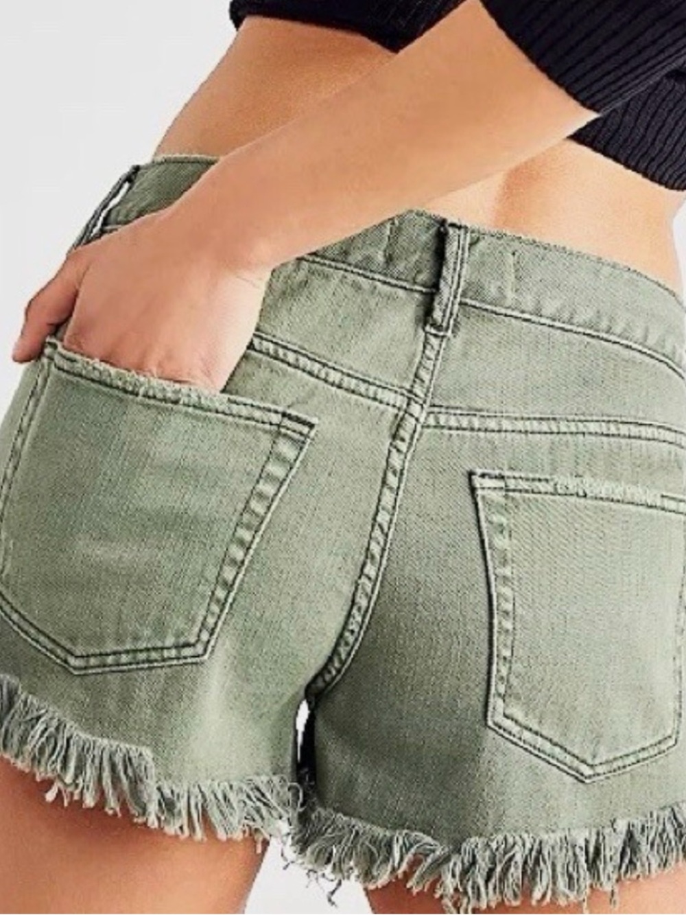 We The Free Olive Distressed Frayed Denim Shorts - Picture 2 of 7